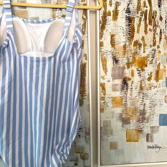 Light blue and white seersucker striped one piece swimsuit - Picture 2 of 2
